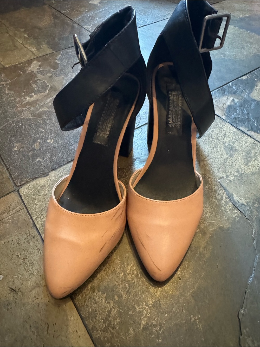 Women's Two-Tone Ankle Strap Pointed Toe Heels - Blush Pink and Black